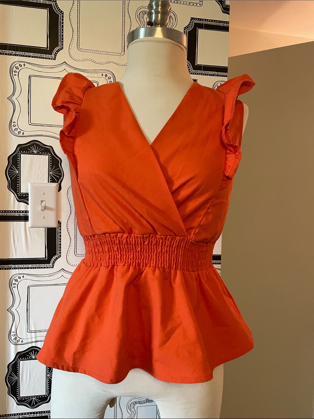 Women's Orange Ruffle Sleeve Peplum Blouse